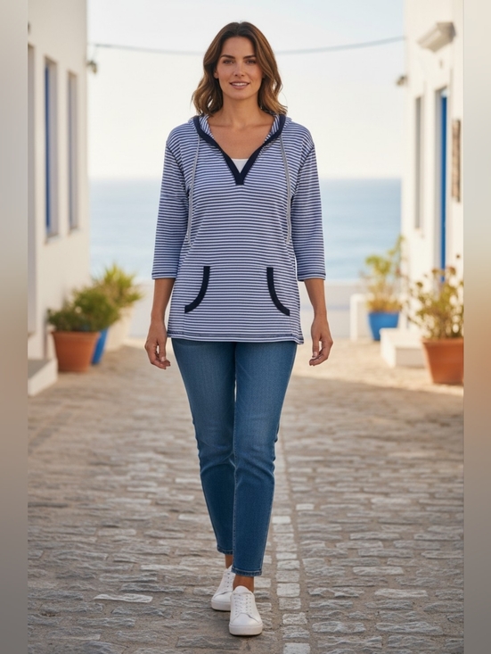 Karen Scott Tops - Karen Scott Navy & White Striped Hooded Knit Pullover